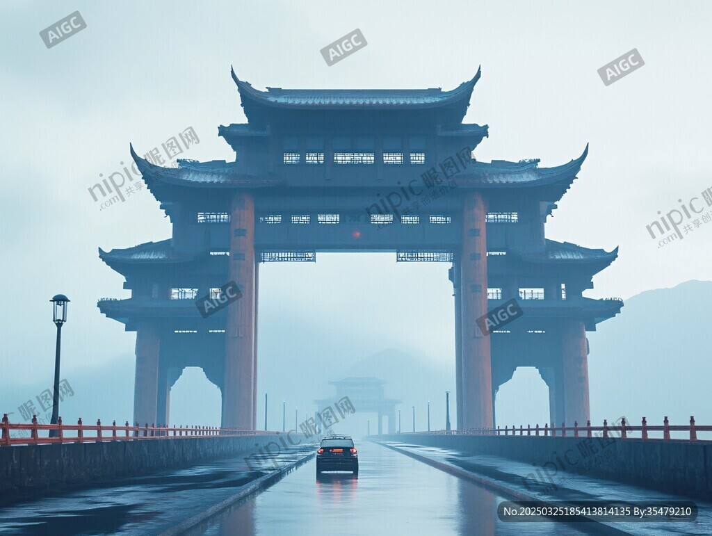 霧中中式牌坊下的孤獨車輛
