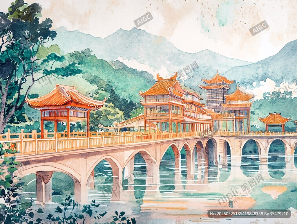 古風廊橋山水詩意畫卷