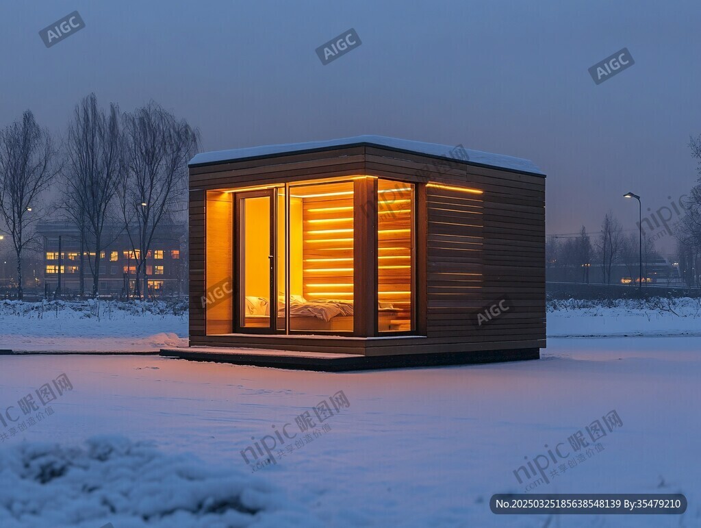 雪夜中的溫馨木質(zhì)小屋