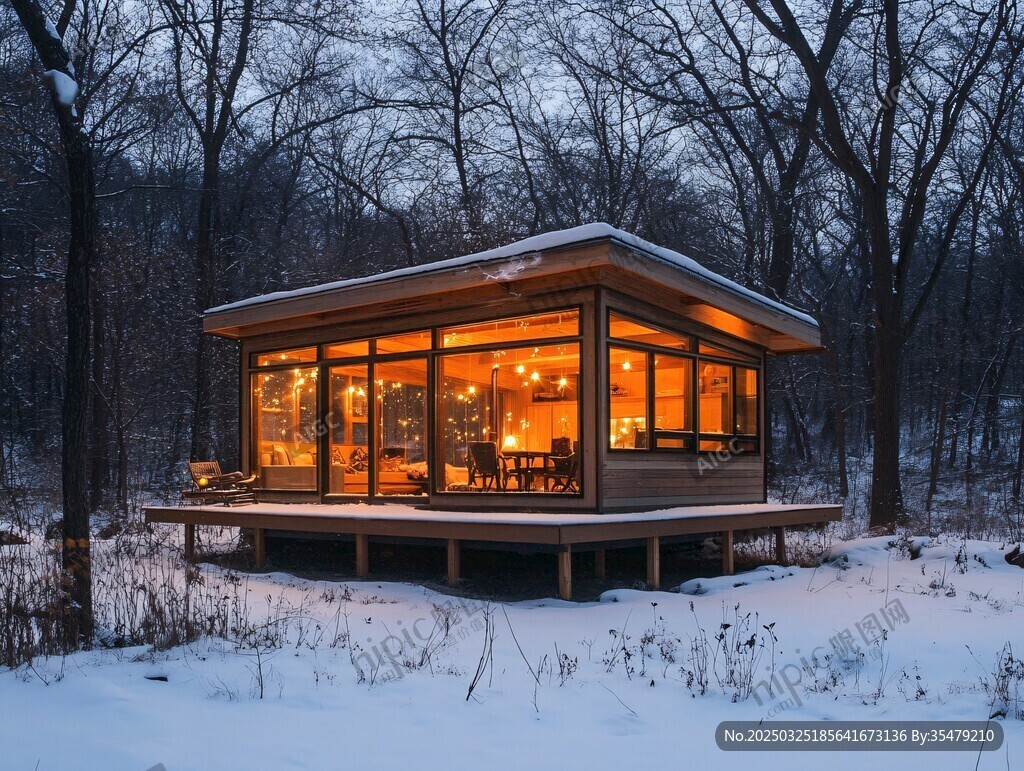 雪林中的溫馨木質(zhì)小屋