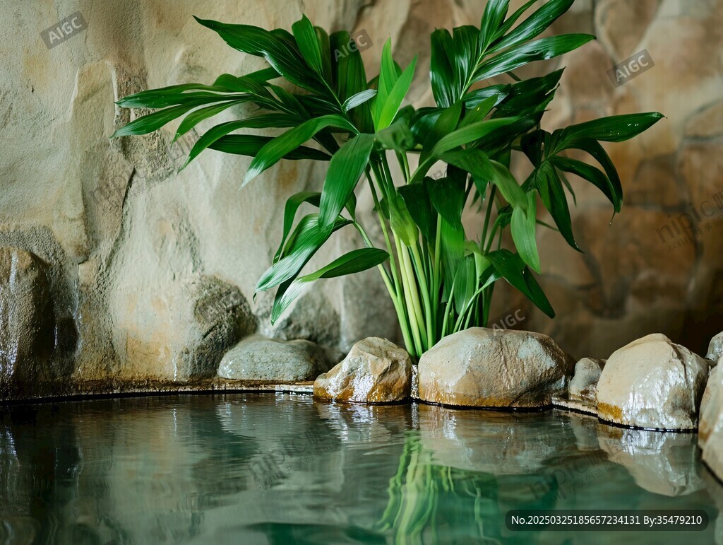 池邊綠植與石頭景觀
