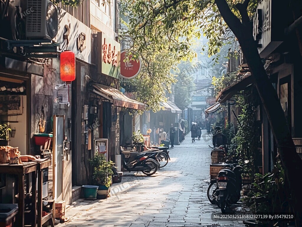 古巷晨光中的悠閑市井