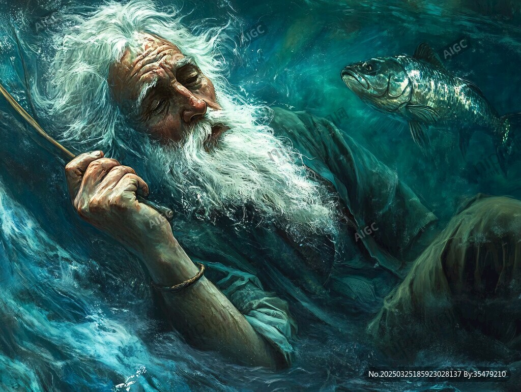 水下垂釣老者與魚的奇幻景