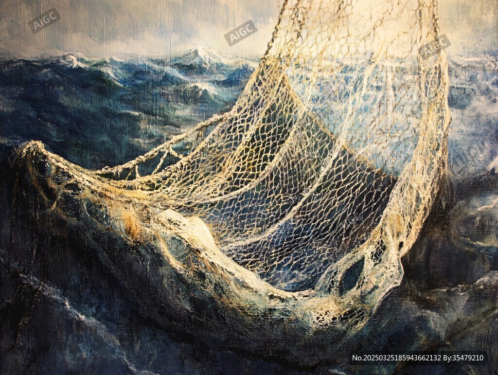 海上漁網在波濤中飄蕩