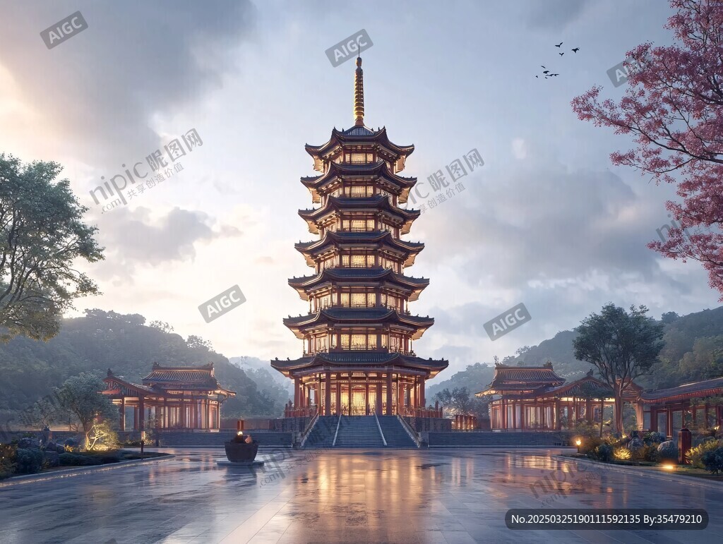 古風(fēng)寶塔夜色中的中式美景