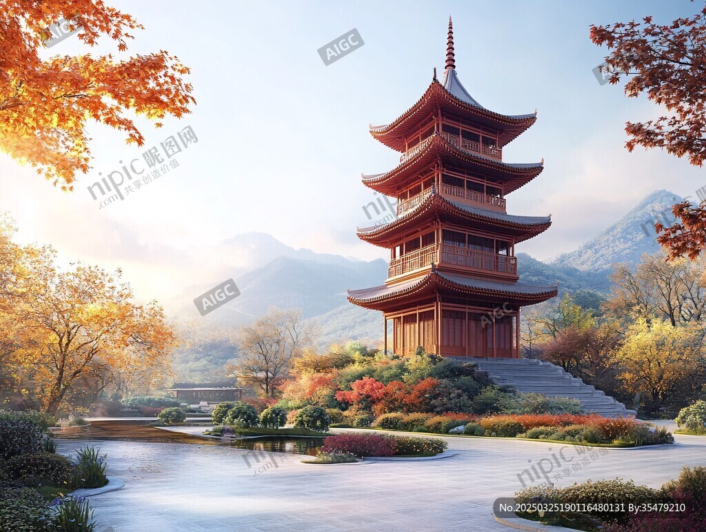 秋日山林中的古風寶塔