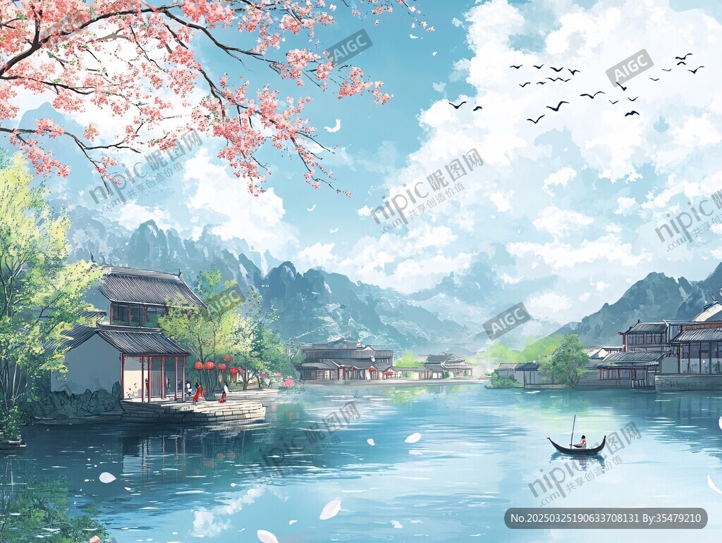 春日水鄉詩意風光圖