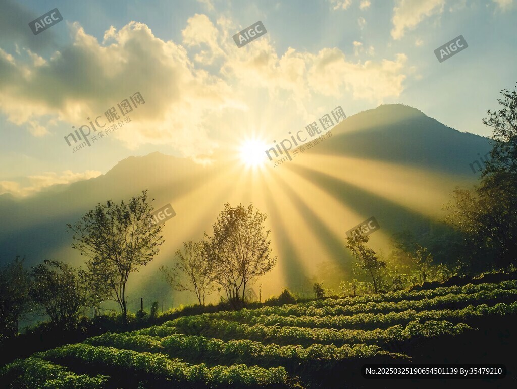 日出照耀下的茶山美景
