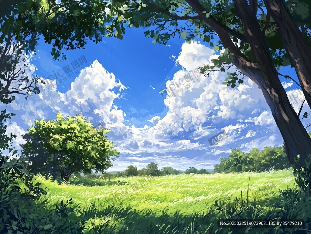 夏日綠野藍天夢幻風景