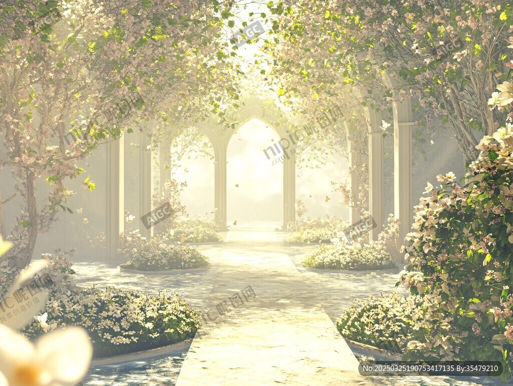 夢幻花園中的陽光林蔭道