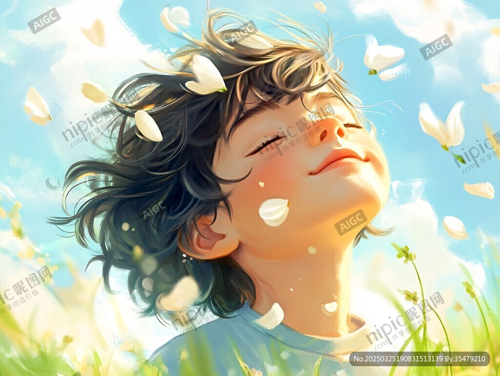 少年沐浴于春日花瓣之中