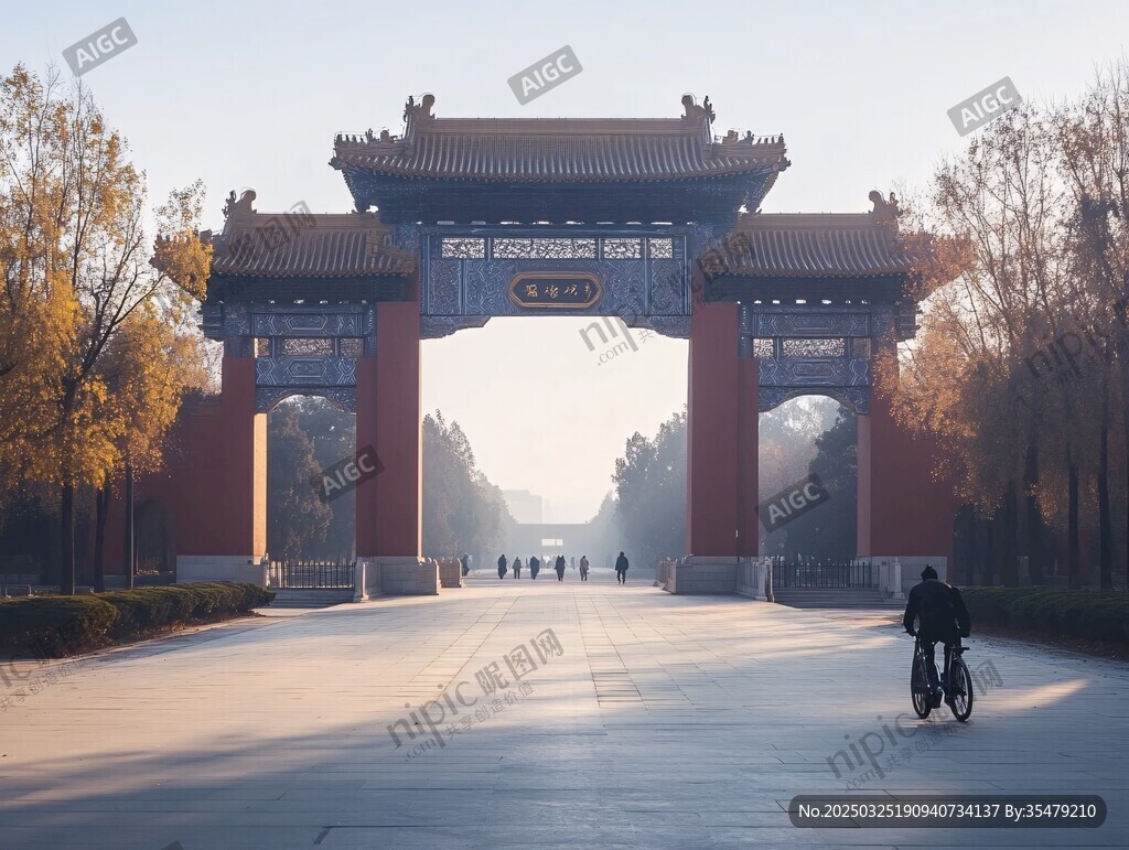 北京高校牌坊前的騎行景象