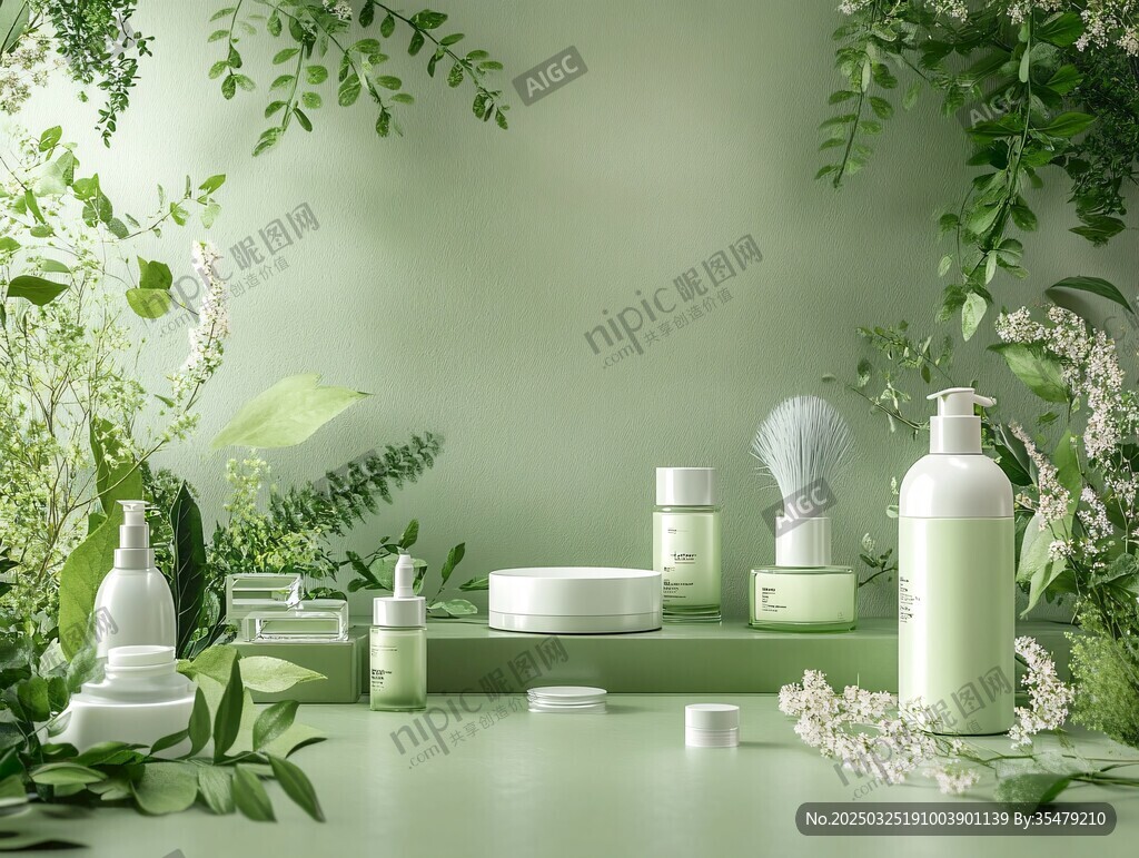 清新綠植環(huán)繞的護(hù)膚產(chǎn)品