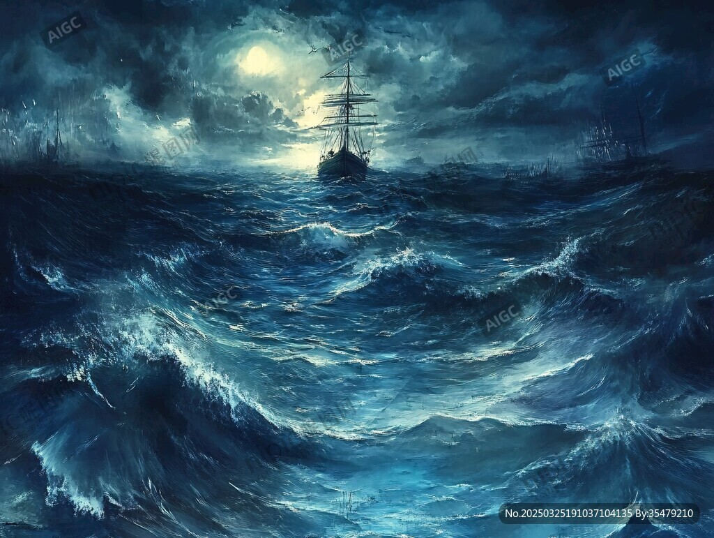 月夜下的驚濤與遠(yuǎn)航船只