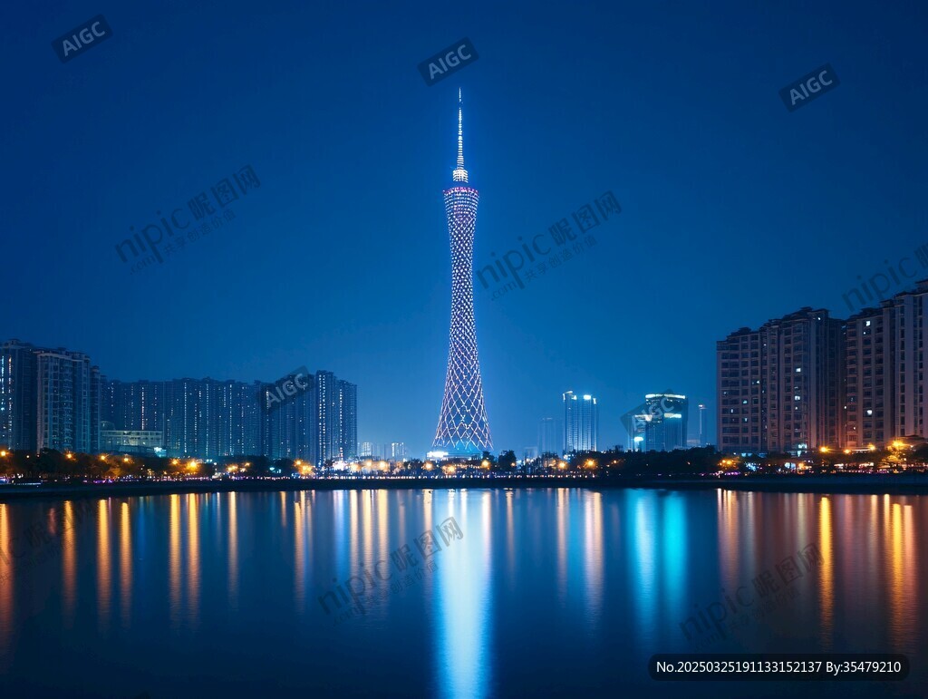 廣州塔夜景倒映于湖面