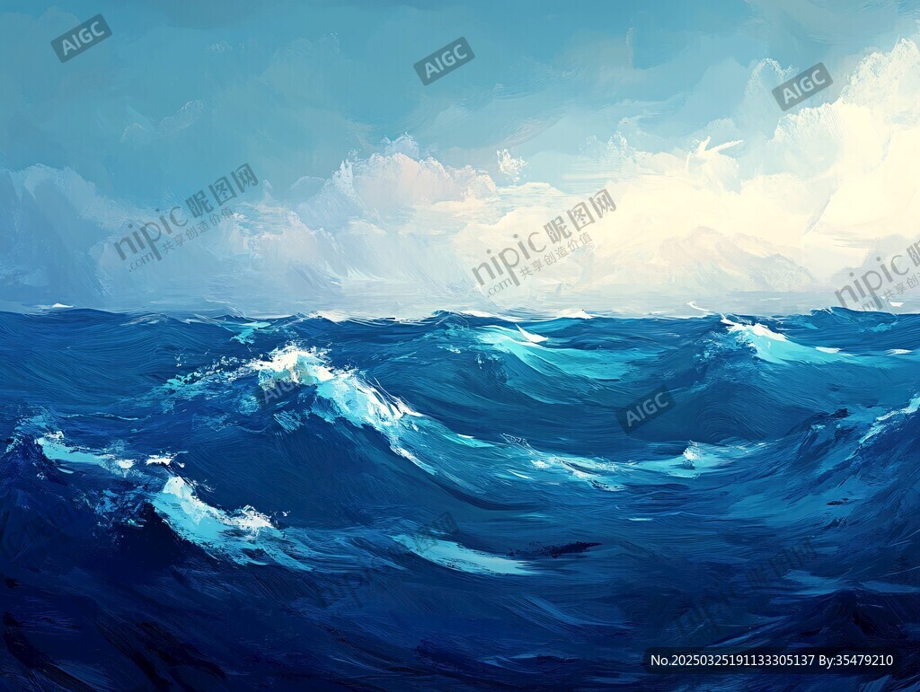 藍(lán)色海洋波濤與云朵景象