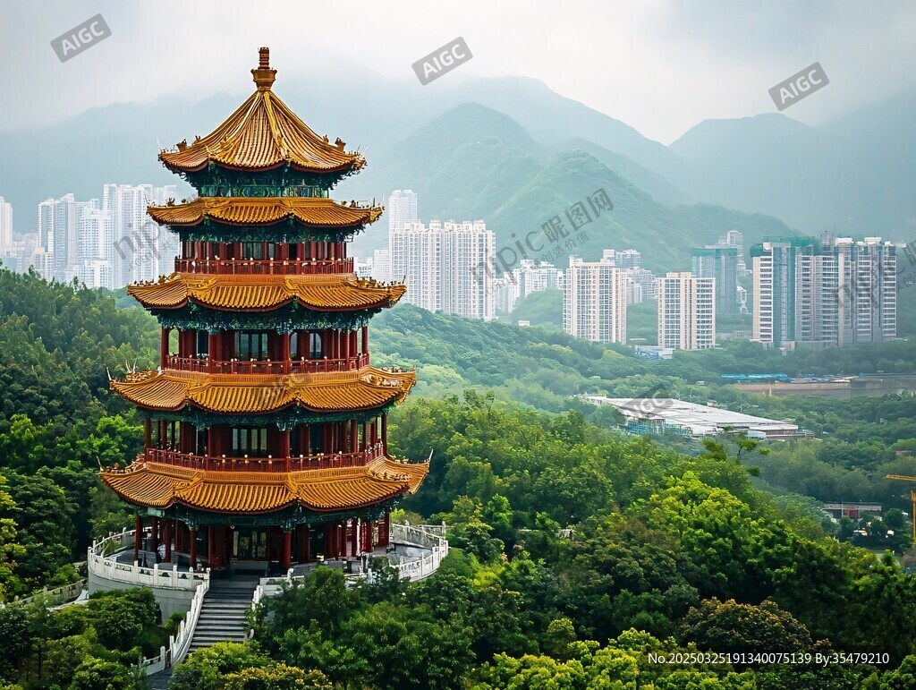 山林間的古典寶塔景觀
