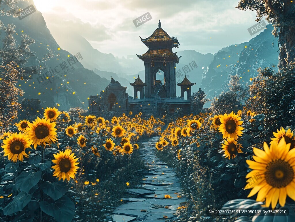 向日葵間的古風(fēng)亭閣美景