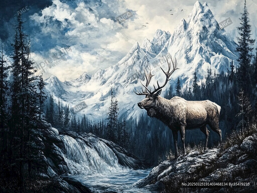 山間麋鹿伴瀑布雪山美景