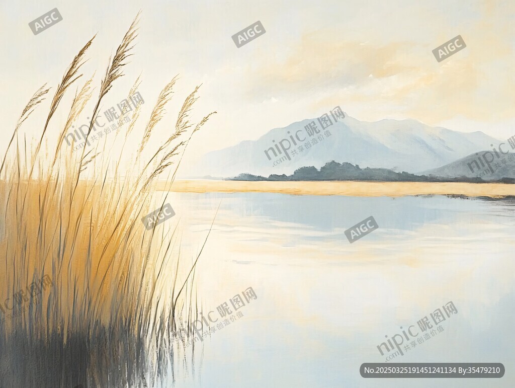 湖畔蘆葦與遠山詩意風(fēng)景