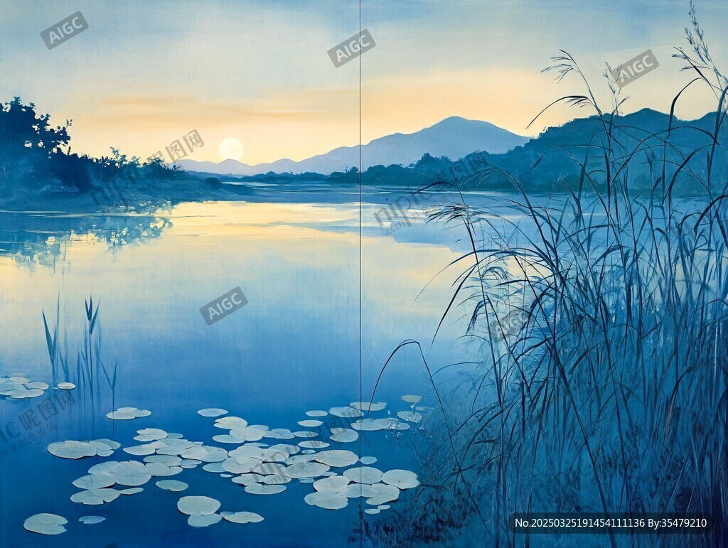 湖畔暮色中的靜謐自然美景