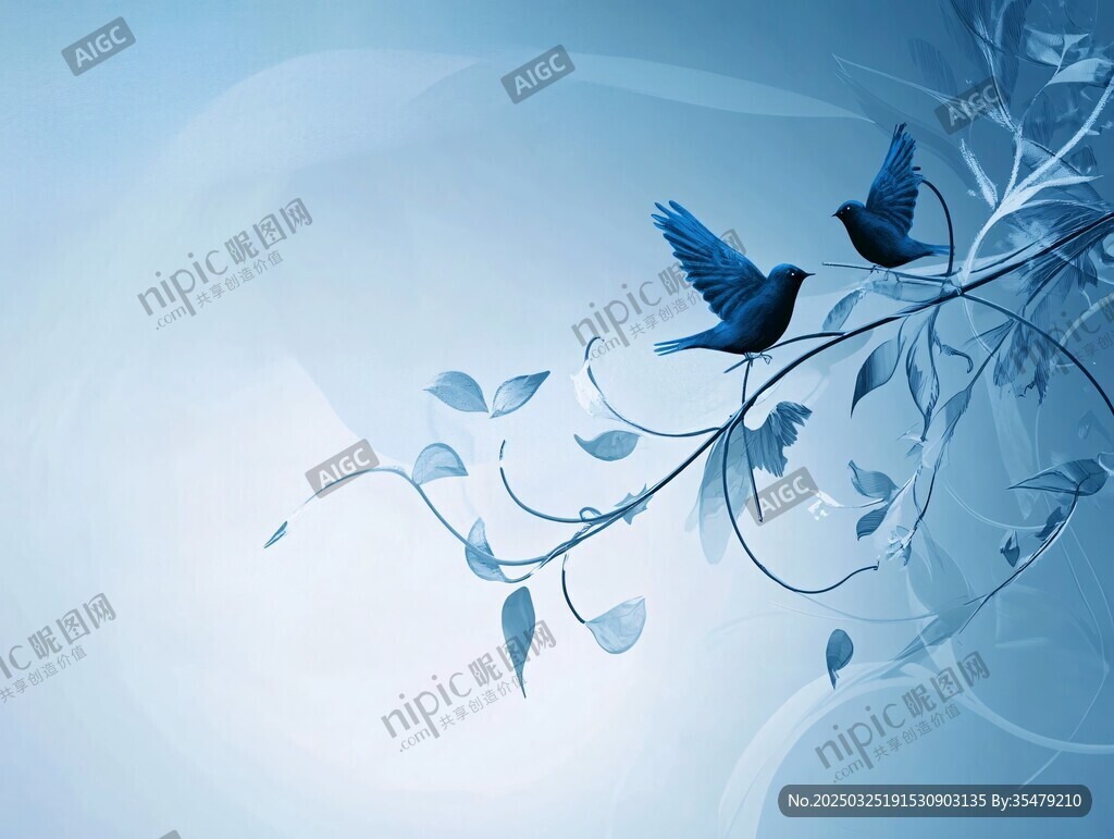 藍(lán)調(diào)雙鳥(niǎo)棲于枝葉間