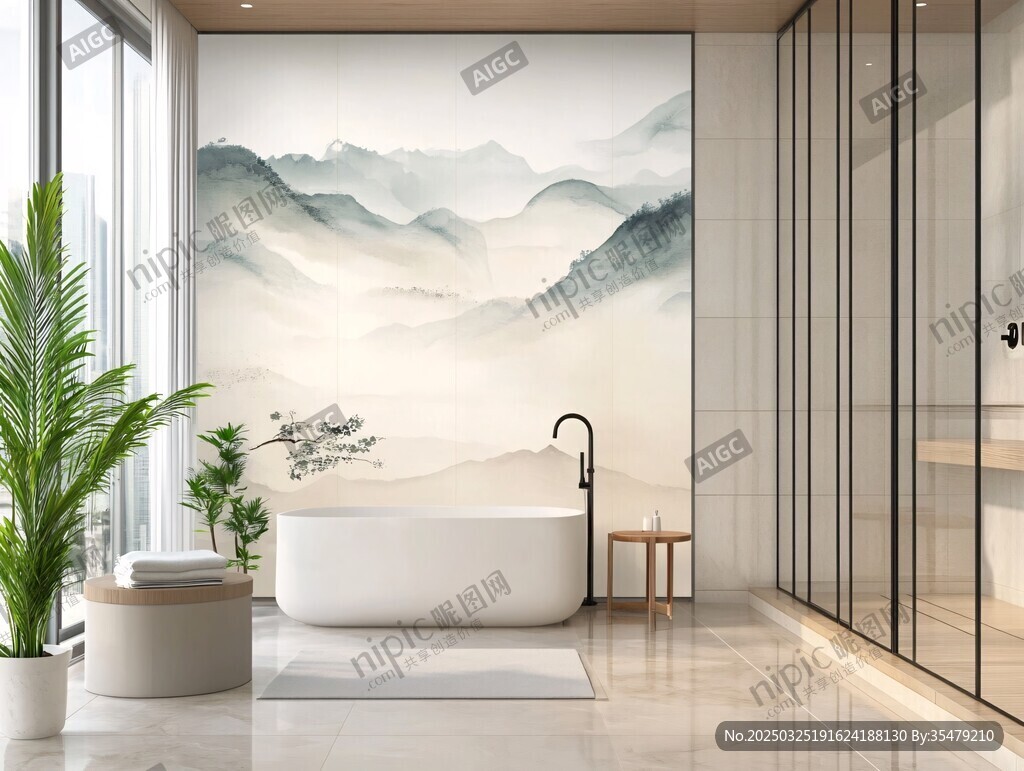 新中式浴室 山水壁畫顯雅致