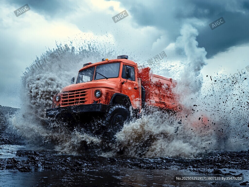 橙色越野卡車勇闖積水地