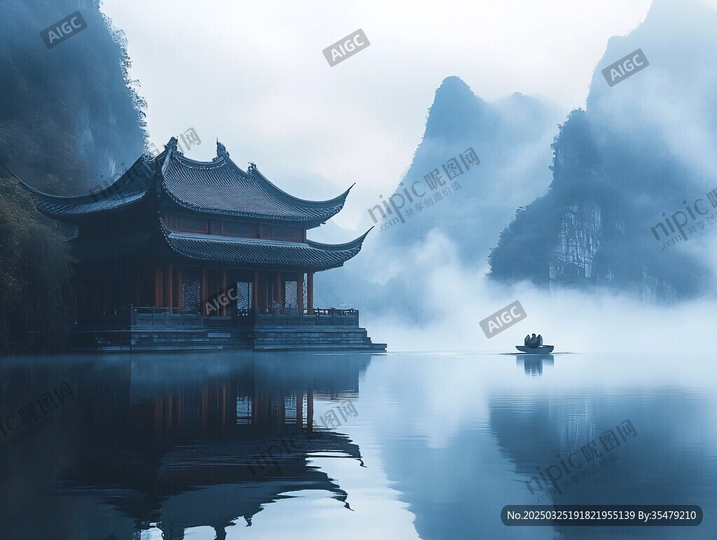 水墨山水間的古韻樓閣