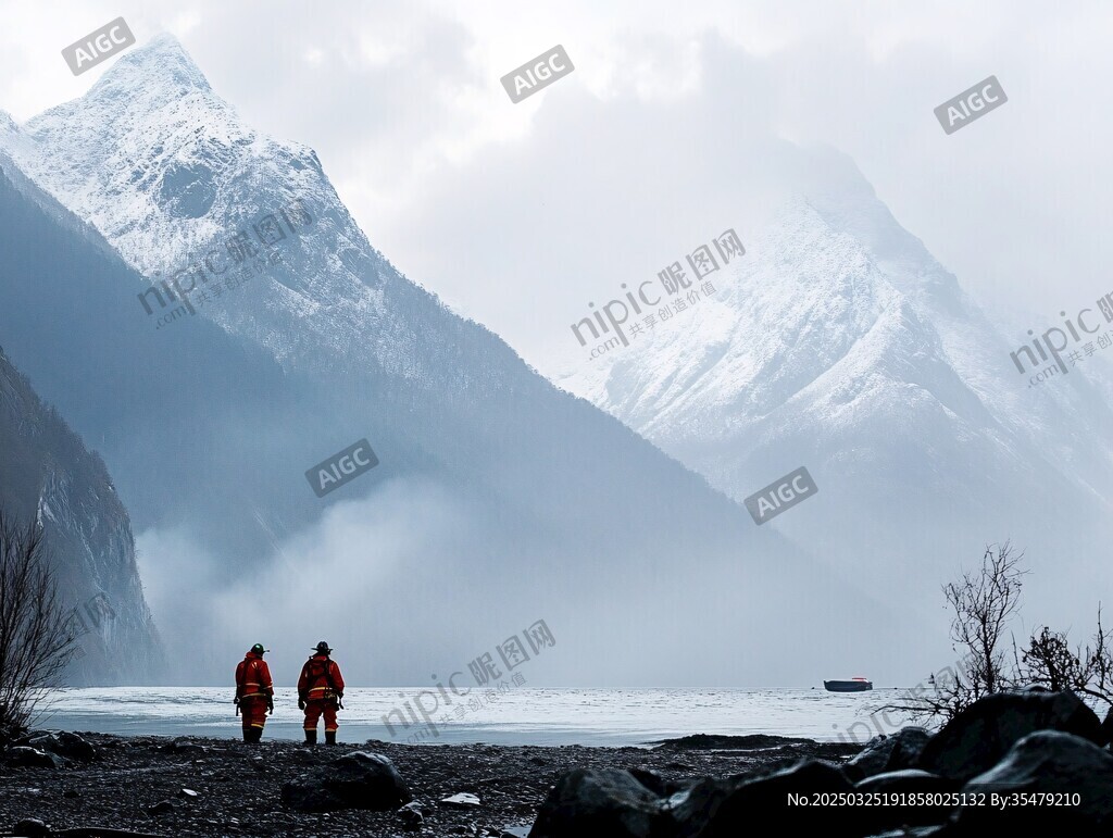 雪山湖畔的徒步者身影