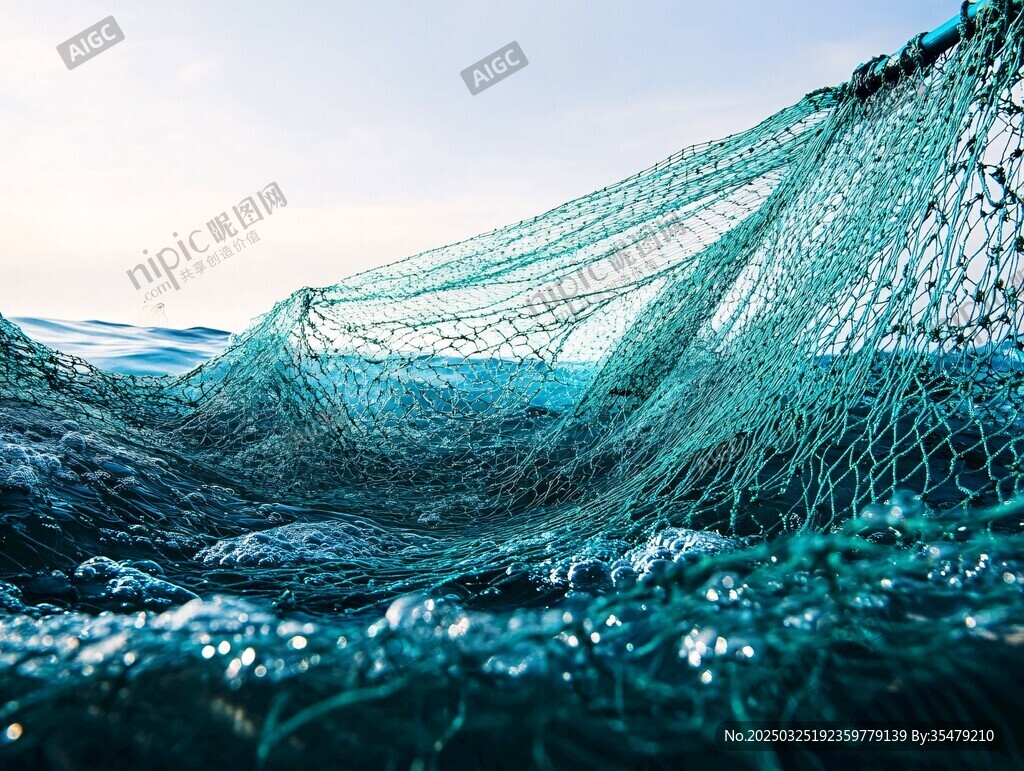 海上漁網在波濤中起伏