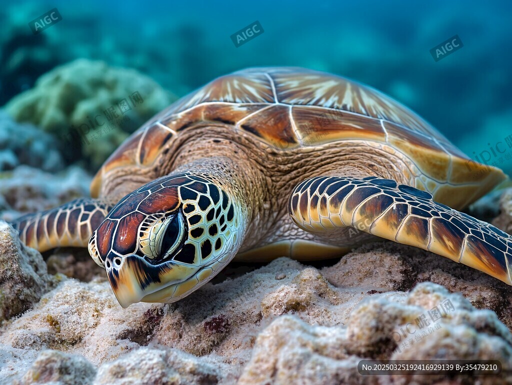 海底海龜靜臥珊瑚礁旁