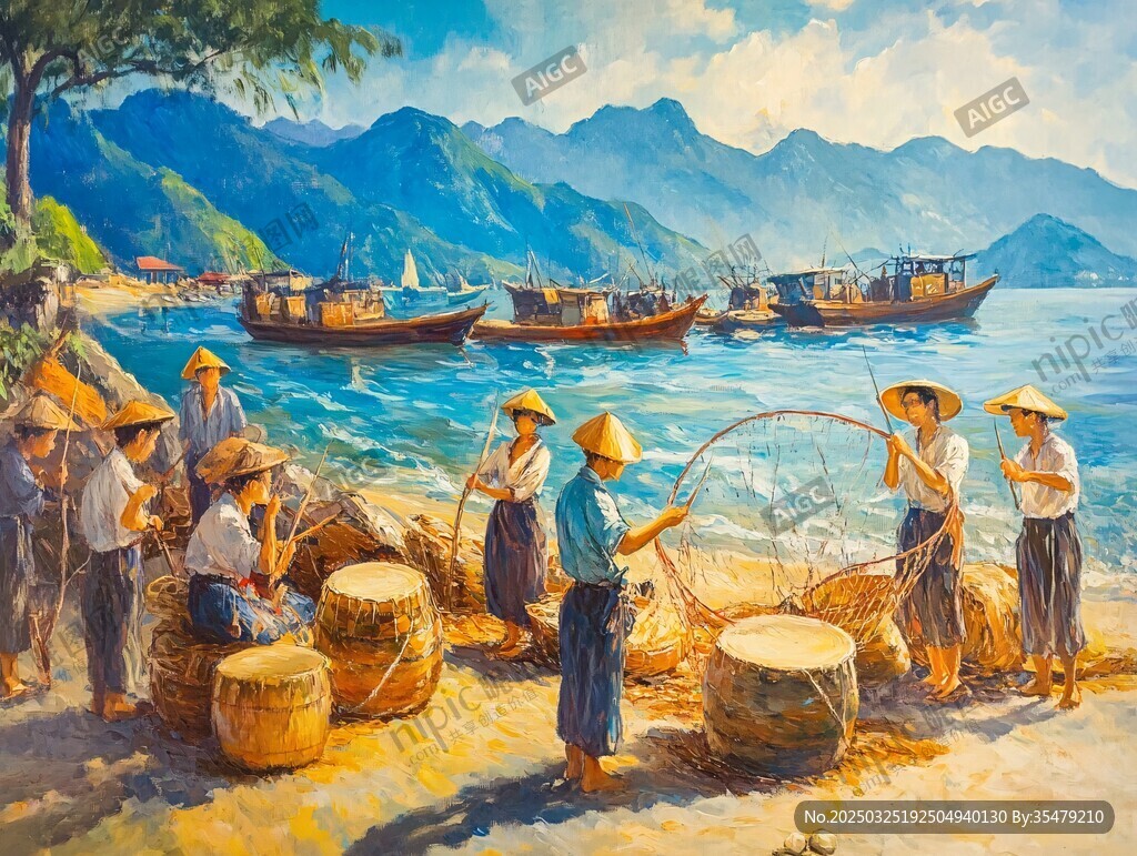 海邊漁民忙碌的勞作場景