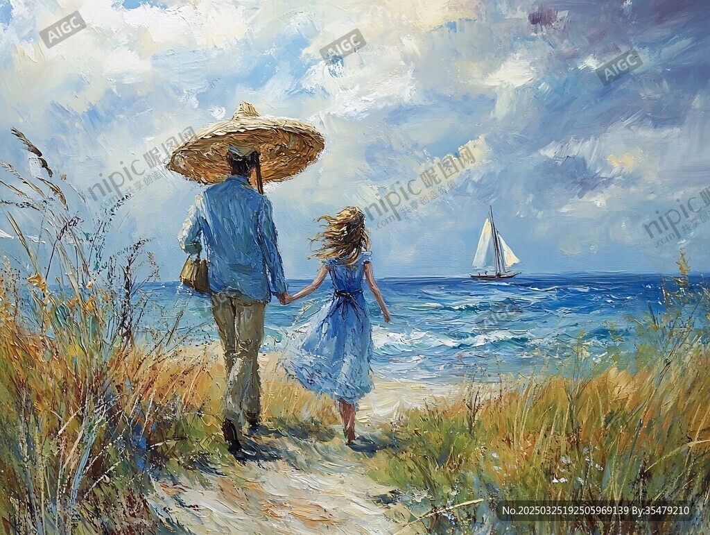 父女漫步海邊浪漫景致