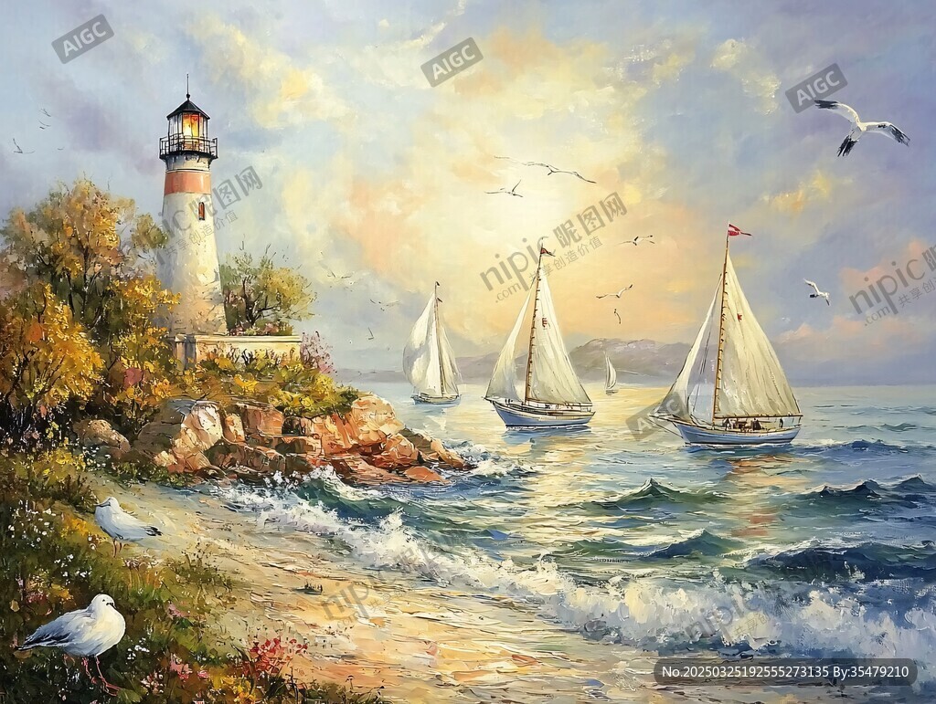 海岸燈塔下的帆船與飛鳥