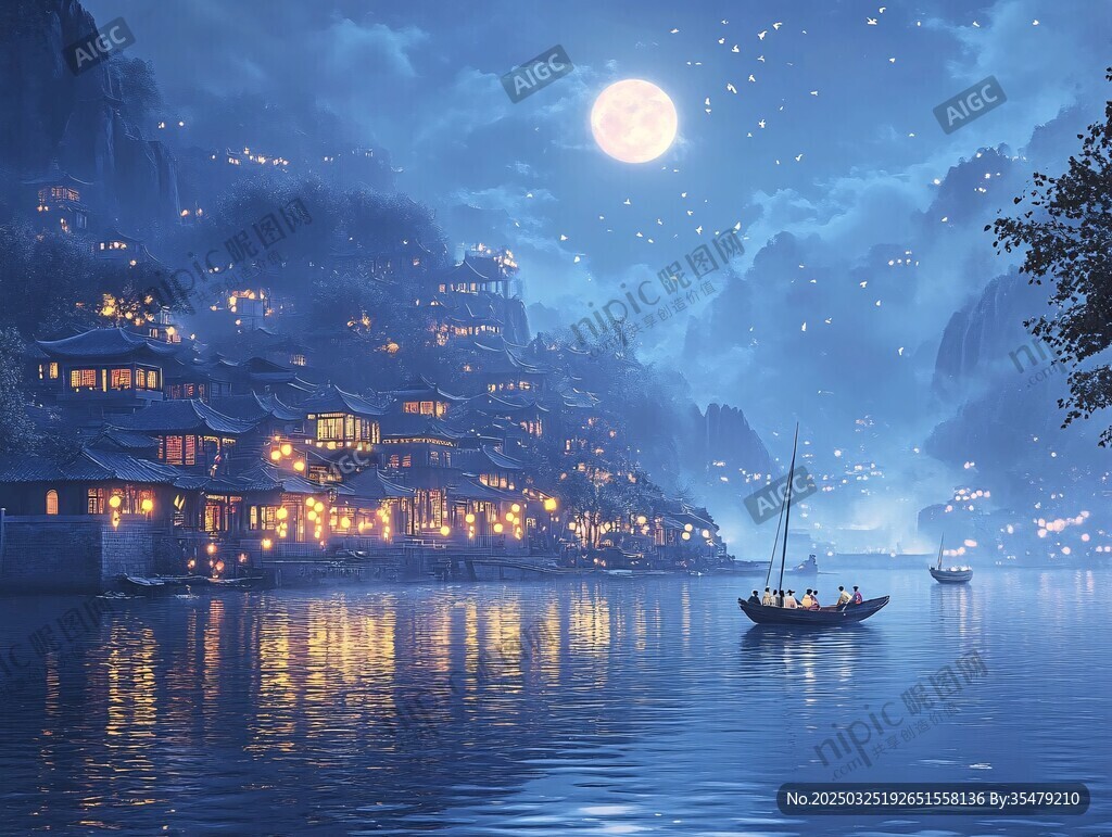 月夜江畔古村寧靜美景