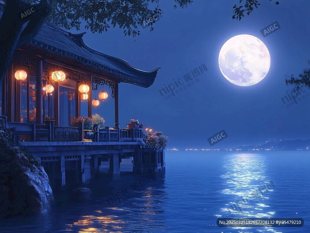 月夜湖畔古亭美景