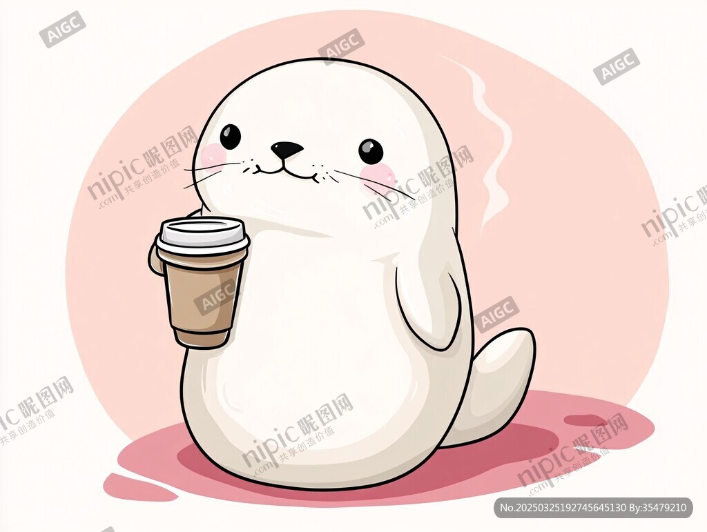 海豹愜意喝咖啡卡通插畫