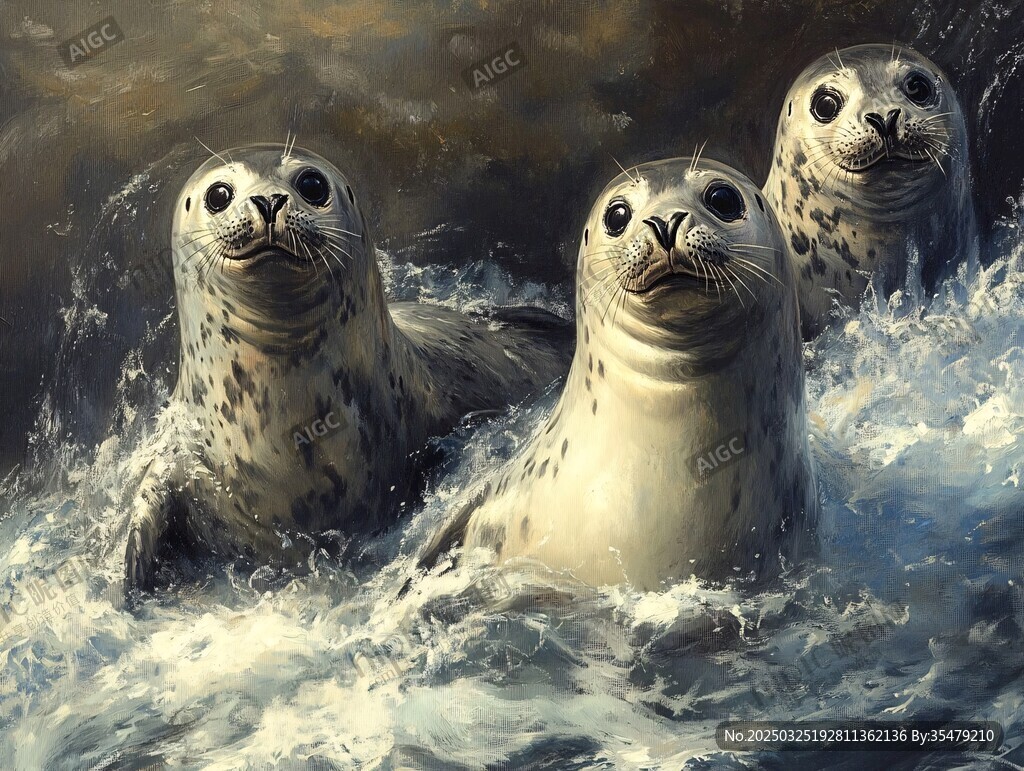 三只海豹在浪花中嬉戲