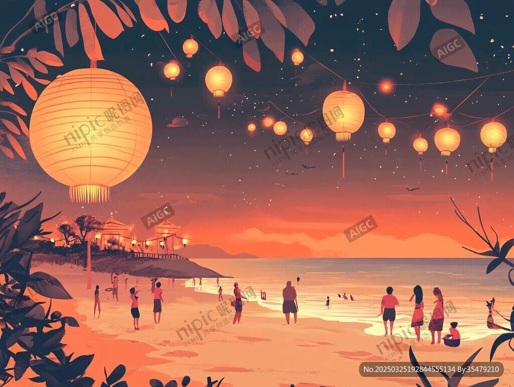 海邊月夜燈籠下的歡樂人群