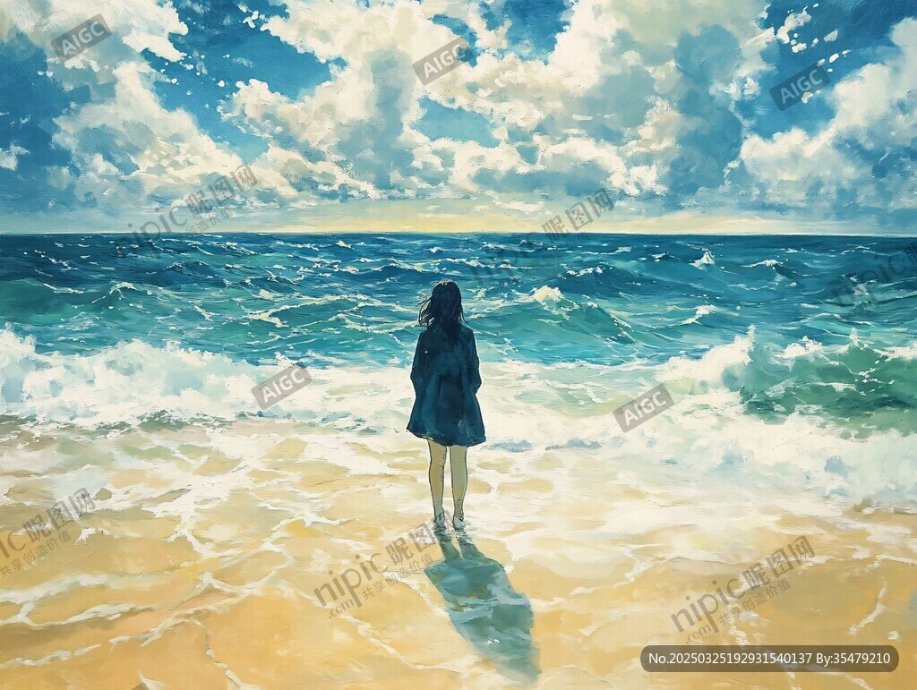 女孩獨(dú)望遼闊碧海藍(lán)天