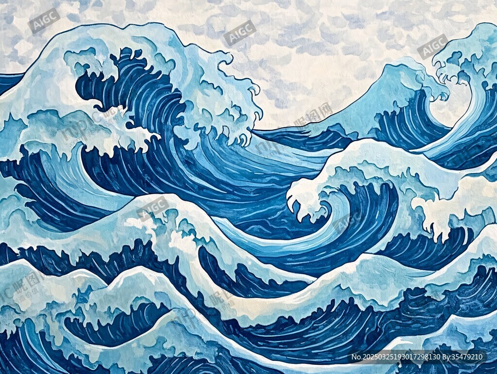 藍色洶涌海浪藝術畫作