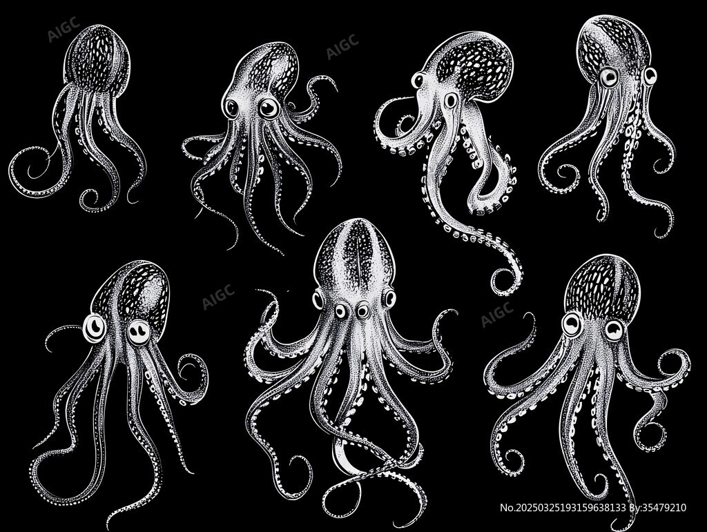 黑白章魚插畫集合