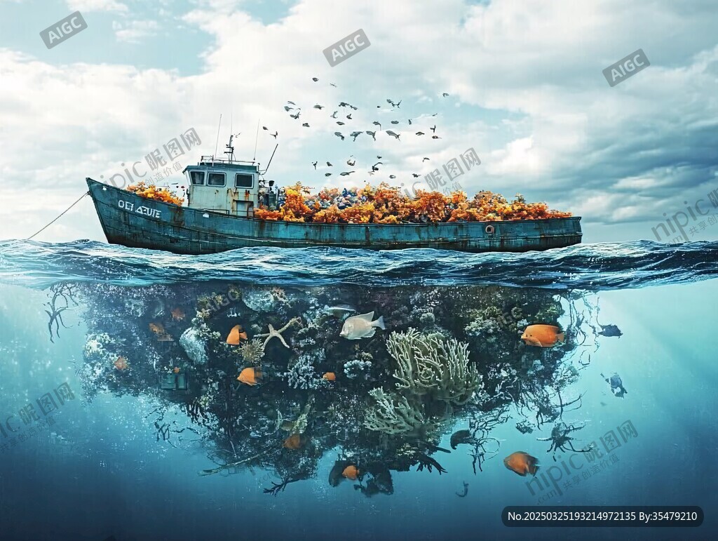 海上垃圾船與海底生態(tài)景象