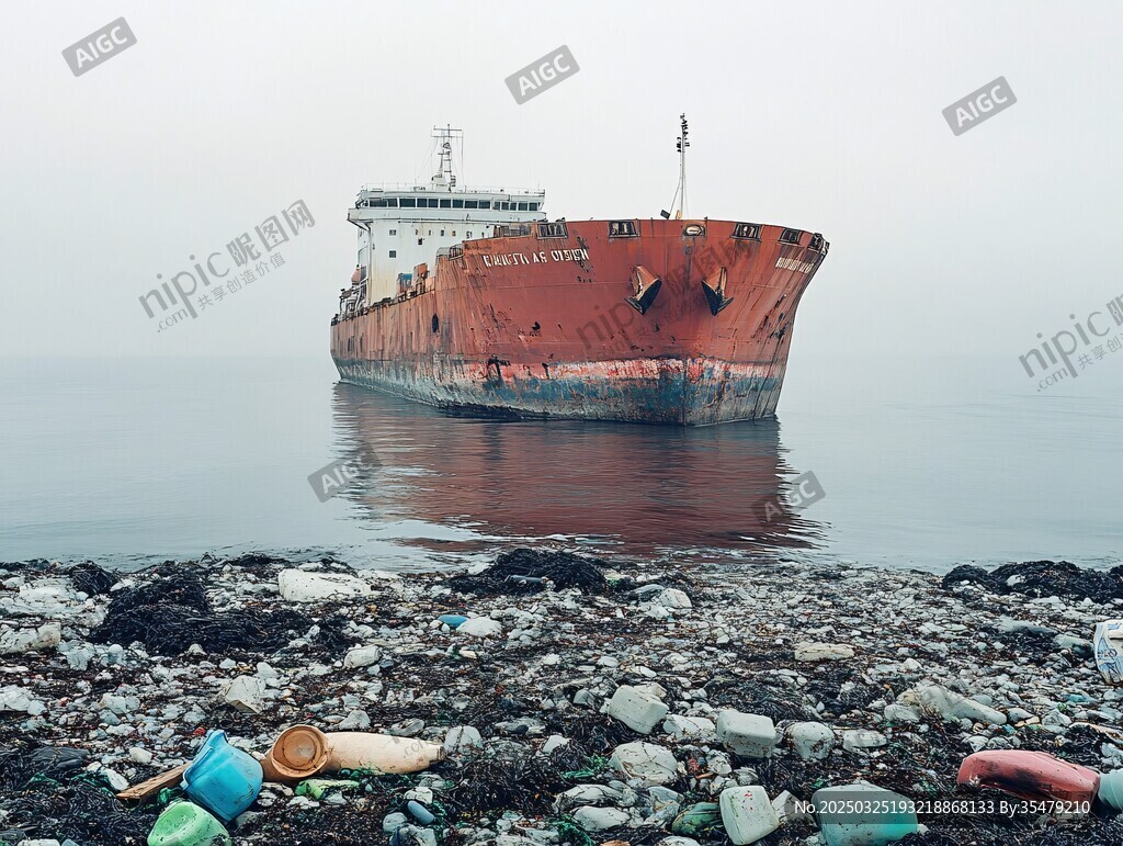 廢棄船只旁的海洋垃圾景象