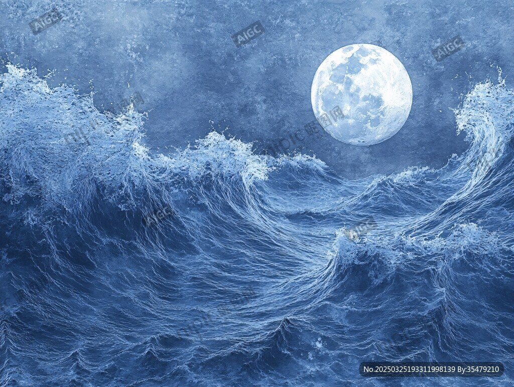 月夜下的洶涌藍(lán)色海浪