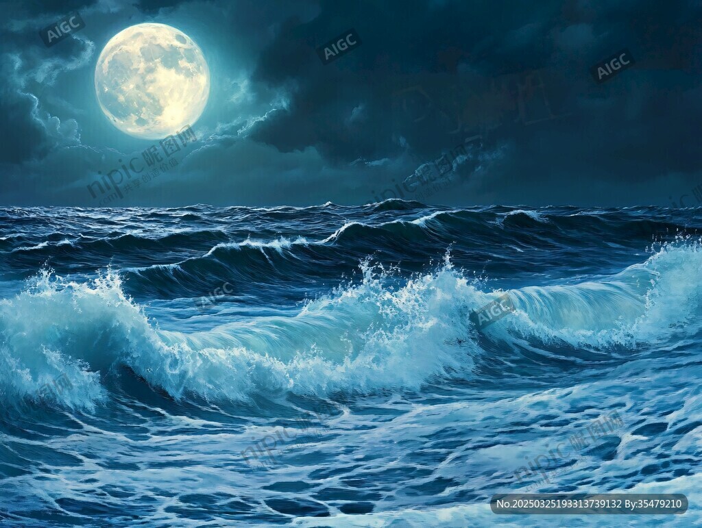 月夜下的洶涌海浪