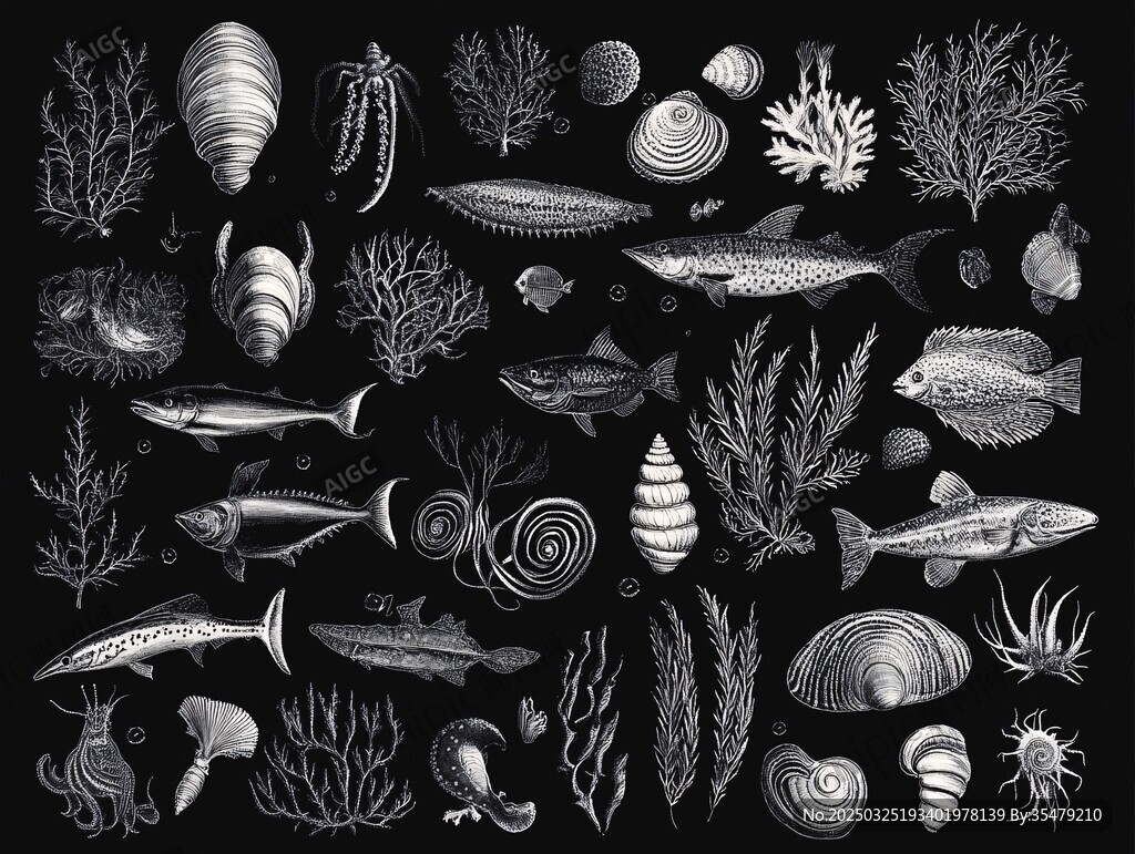 海洋生物黑白插畫集合