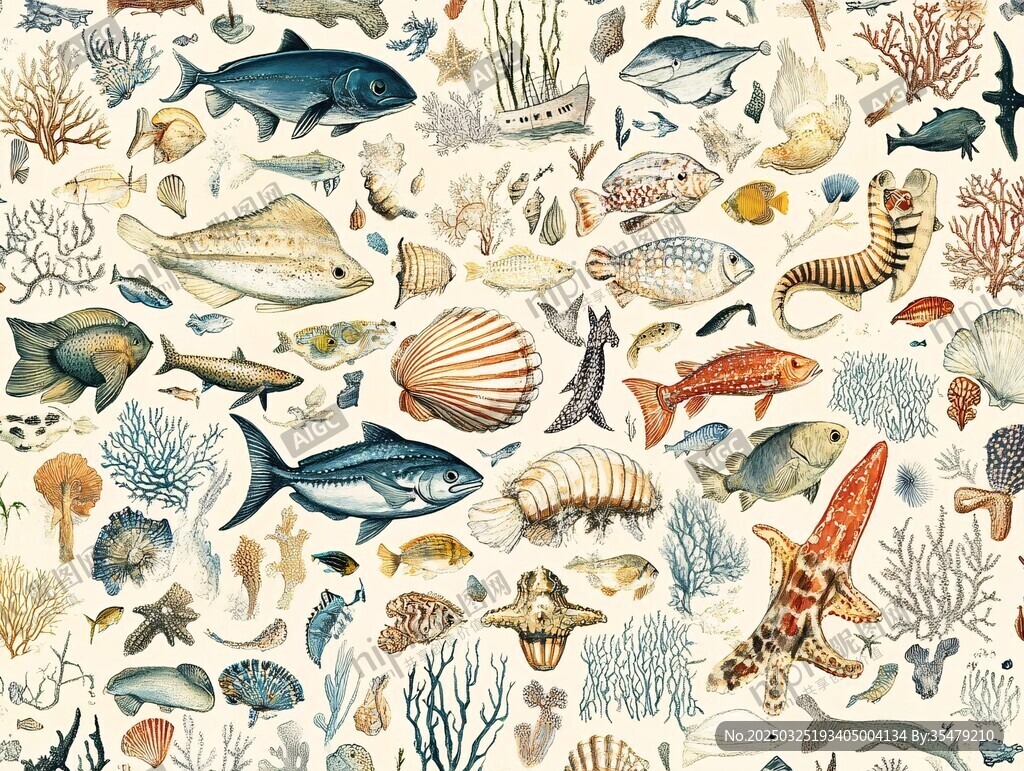 海洋生物繽紛圖案插畫