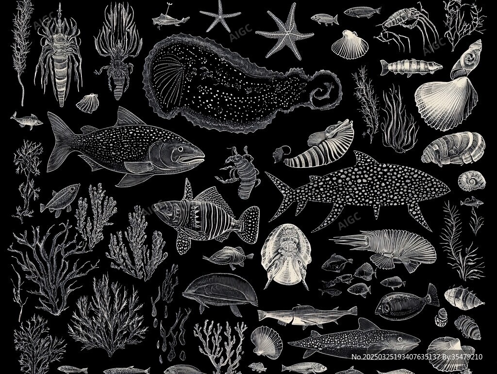 海洋生物黑白插畫集合
